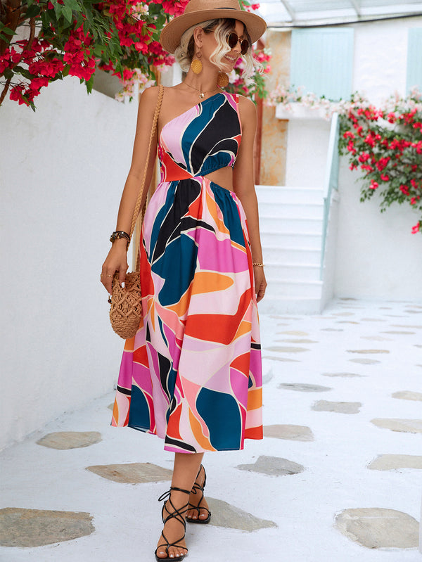 Printed Cutout One-Shoulder Sleeveless Dress - Bit of Swank