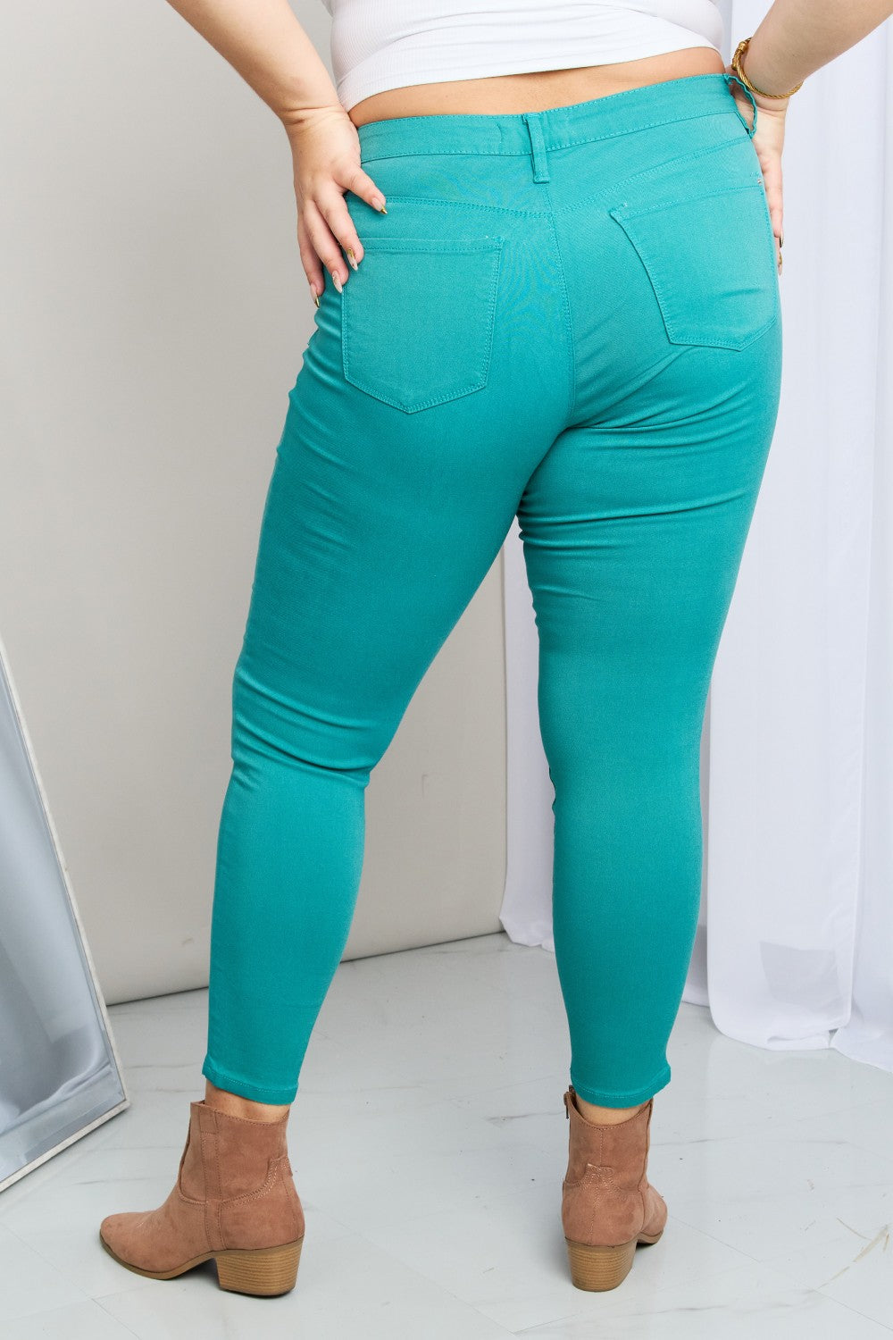 Kate Hyper-Stretch Mid-Rise Skinny Jeans in Sea Green - Bit of Swank