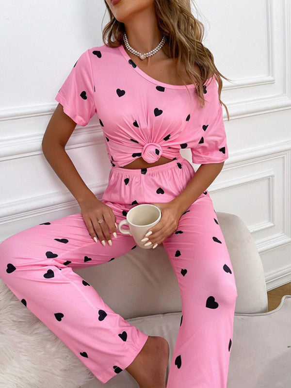 Heart Print Short-Sleeved Casual Pajama Set - Bit of Swank