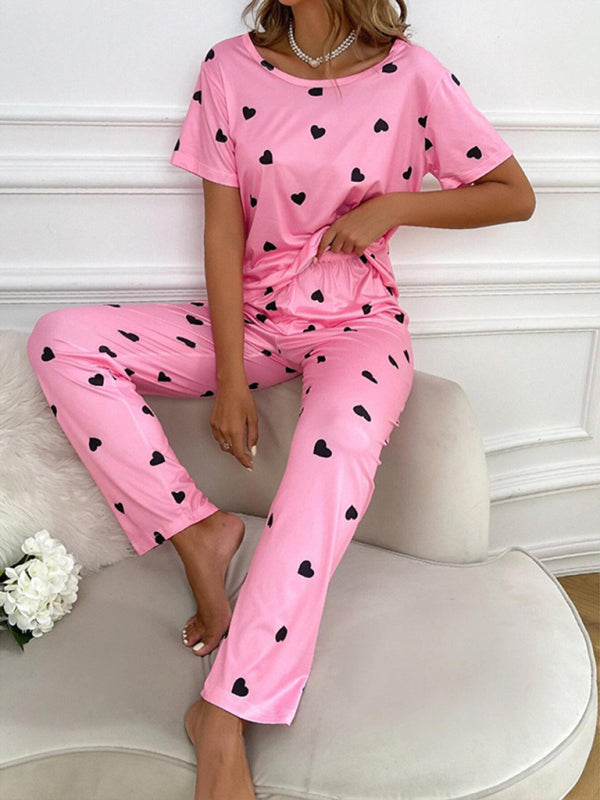 Heart Print Short-Sleeved Casual Pajama Set - Boutique - Bit of Swank