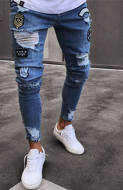 Men's Fashion Frayed with Patches Slim Fit Jeans - Boutique - Bit of Swank