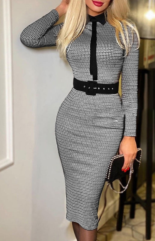 Belted Black and White Patterned Bodycon Midi Dress - Boutique - Bit of Swank