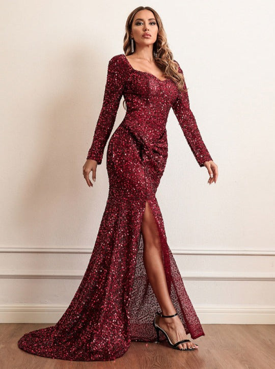 Long Sleeve Sequin Floor Length Dress - Boutique - Bit of Swank