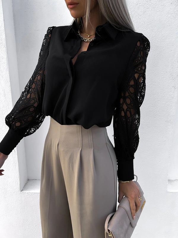 Lace Panel Long Sleeve Shirt - Bit of Swank