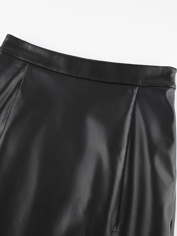 Faux Leather Solid Color Midi Pencil Skirt with Front Slit - Bit of Swank