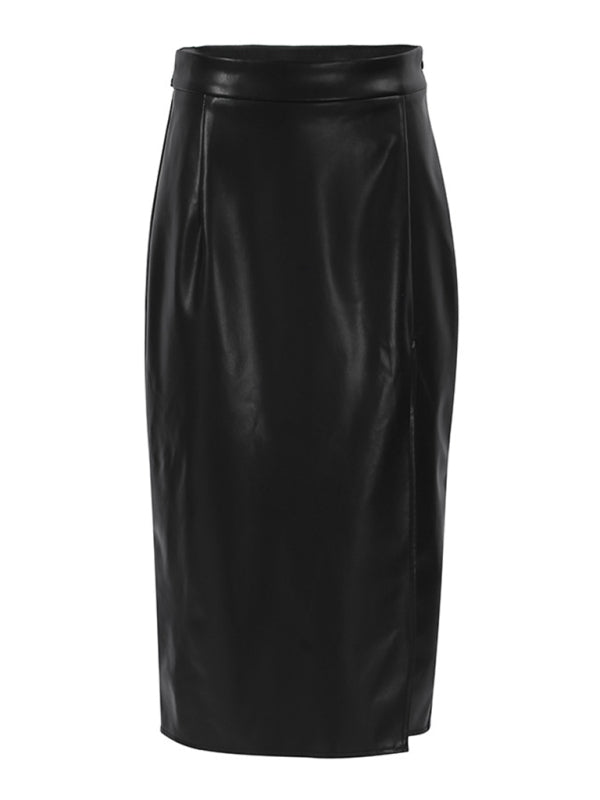 Faux Leather Solid Color Midi Pencil Skirt with Front Slit - Bit of Swank