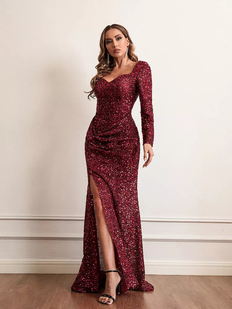 Long Sleeve Sequin Floor Length Dress - Boutique - Bit of Swank